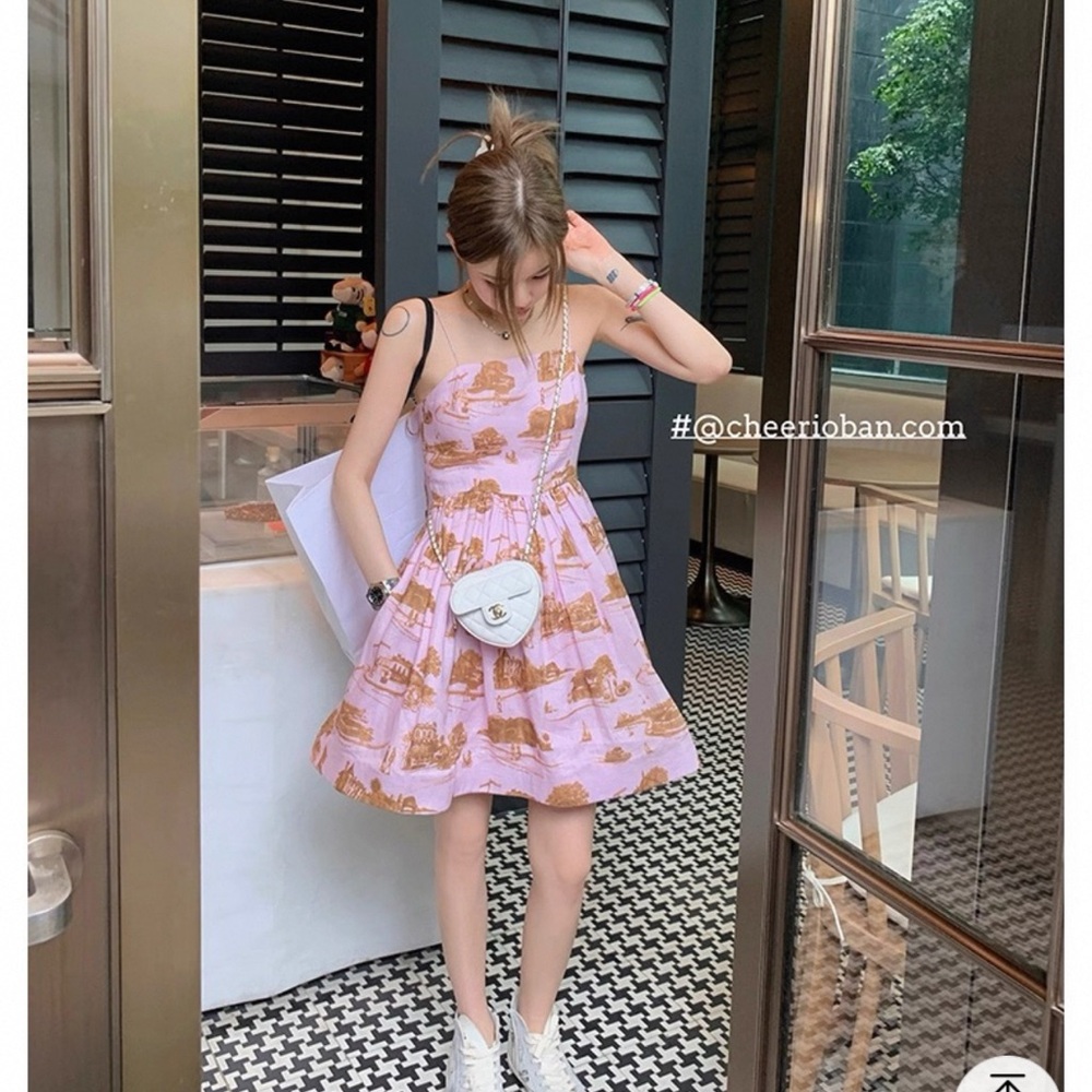 Pink and Brown Printed Linen Dress